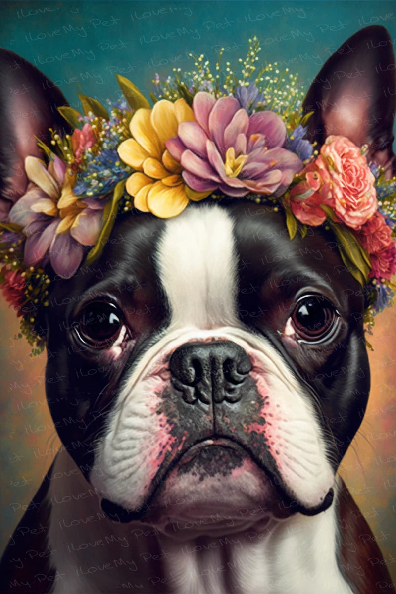 Flower Tiara Boston Terrier Wall Art Poster-Art-Boston Terrier, Dog Art, Home Decor, Poster-1