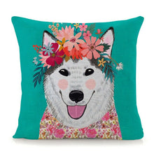 Load image into Gallery viewer, Flower Tiara Husky Cushion Cover - Series 1-Home Decor-Cushion Cover, Dogs, Home Decor, Siberian Husky-Linen-Husky-1
