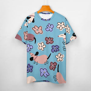 Flowery Cartoon Dachshunds All Over Print Women's Cotton T-Shirt - 4 Colors-Apparel-Apparel, Dachshund, Shirt, T Shirt-10