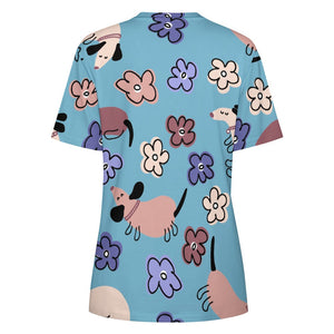 Flowery Cartoon Dachshunds All Over Print Women's Cotton T-Shirt - 4 Colors-Apparel-Apparel, Dachshund, Shirt, T Shirt-12