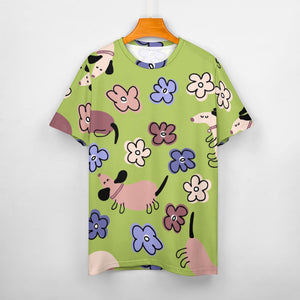 Flowery Cartoon Dachshunds All Over Print Women's Cotton T-Shirt - 4 Colors-Apparel-Apparel, Dachshund, Shirt, T Shirt-13
