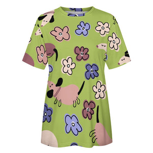 Flowery Cartoon Dachshunds All Over Print Women's Cotton T-Shirt - 4 Colors-Apparel-Apparel, Dachshund, Shirt, T Shirt-14