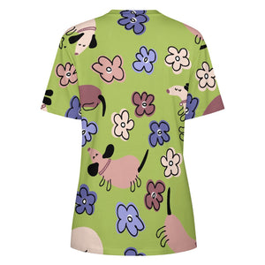 Flowery Cartoon Dachshunds All Over Print Women's Cotton T-Shirt - 4 Colors-Apparel-Apparel, Dachshund, Shirt, T Shirt-15