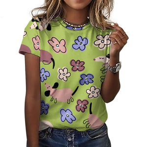 Flowery Cartoon Dachshunds All Over Print Women's Cotton T-Shirt - 4 Colors-Apparel-Apparel, Dachshund, Shirt, T Shirt-16