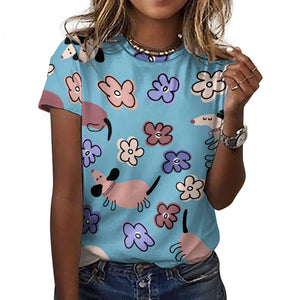 Flowery Cartoon Dachshunds All Over Print Women's Cotton T-Shirt - 4 Colors-Apparel-Apparel, Dachshund, Shirt, T Shirt-17