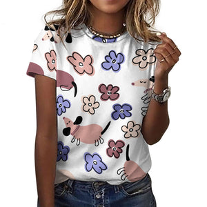 Flowery Cartoon Dachshunds All Over Print Women's Cotton T-Shirt - 4 Colors-Apparel-Apparel, Dachshund, Shirt, T Shirt-18