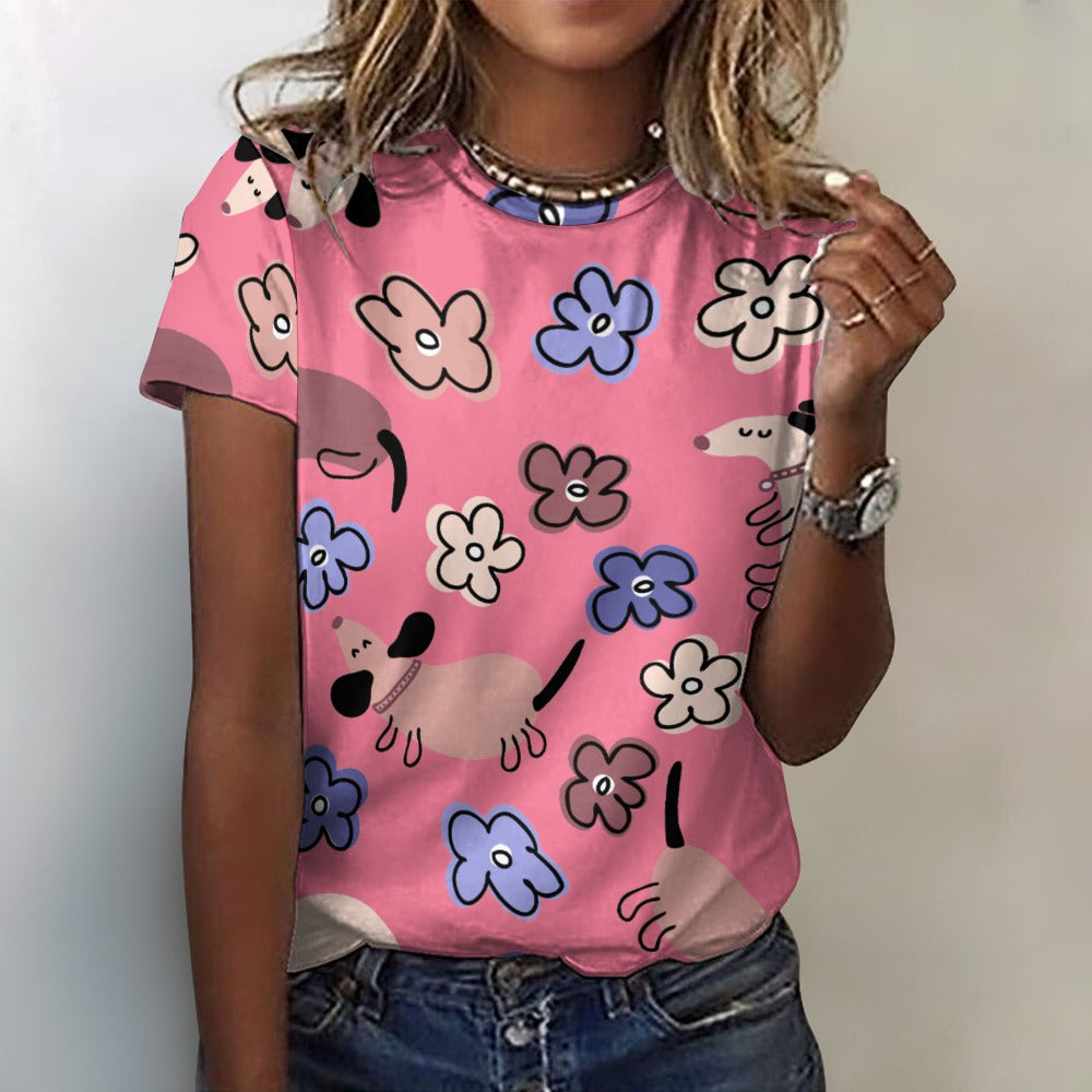 Flowery Cartoon Dachshunds All Over Print Women's Cotton T-Shirt - 4 Colors-Apparel-Apparel, Dachshund, Shirt, T Shirt-Pink-2XS-19