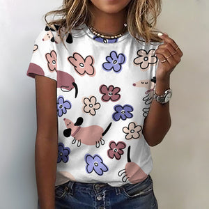 Flowery Cartoon Dachshunds All Over Print Women's Cotton T-Shirt - 4 Colors-Apparel-Apparel, Dachshund, Shirt, T Shirt-White-2XS-2