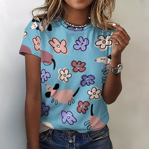 Flowery Cartoon Dachshunds All Over Print Women's Cotton T-Shirt - 4 Colors-Apparel-Apparel, Dachshund, Shirt, T Shirt-Blue-2XS-3