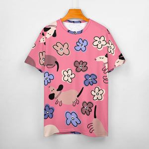 Flowery Cartoon Dachshunds All Over Print Women's Cotton T-Shirt - 4 Colors-Apparel-Apparel, Dachshund, Shirt, T Shirt-5