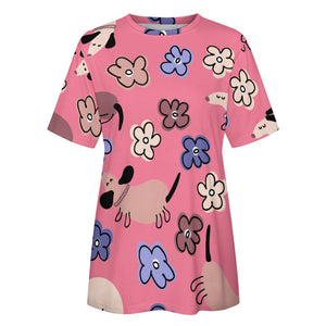 Flowery Cartoon Dachshunds All Over Print Women's Cotton T-Shirt - 4 Colors-Apparel-Apparel, Dachshund, Shirt, T Shirt-6