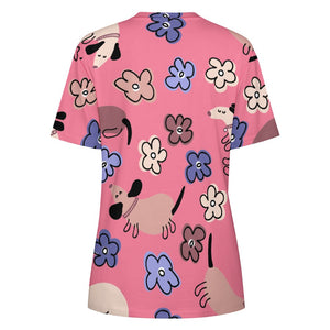 Flowery Cartoon Dachshunds All Over Print Women's Cotton T-Shirt - 4 Colors-Apparel-Apparel, Dachshund, Shirt, T Shirt-7