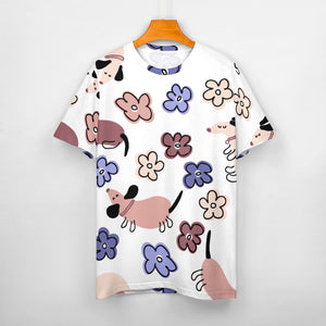 Flowery Cartoon Dachshunds All Over Print Women's Cotton T-Shirt - 4 Colors-Apparel-Apparel, Dachshund, Shirt, T Shirt-8