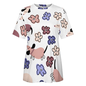 Flowery Cartoon Dachshunds All Over Print Women's Cotton T-Shirt - 4 Colors-Apparel-Apparel, Dachshund, Shirt, T Shirt-9