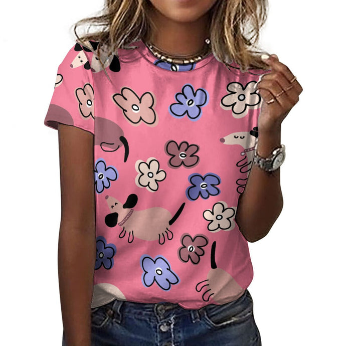 Flowery Cartoon Dachshunds All Over Print Women's Cotton T-Shirt - 4 Colors-Apparel-Apparel, Dachshund, Shirt, T Shirt-1