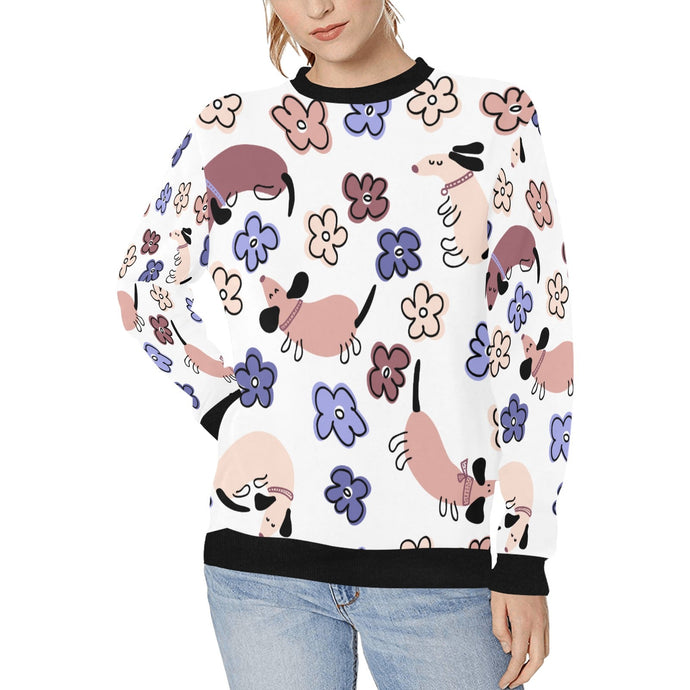 Flowery Cartoon Dachshunds Love Women's Sweatshirt-Apparel-Apparel, Dachshund, Sweatshirt-White-XS-1