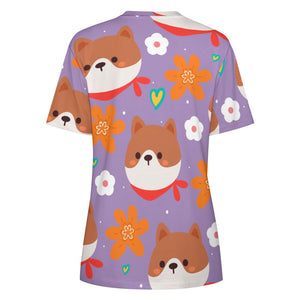 Flowery Shiba Love All Over Print Women's Cotton T-Shirt - 4 Colors-Apparel-Apparel, Shiba Inu, Shirt, T Shirt-10