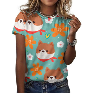 Flowery Shiba Love All Over Print Women's Cotton T-Shirt - 4 Colors-Apparel-Apparel, Shiba Inu, Shirt, T Shirt-13