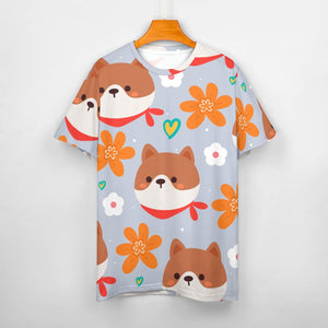 Flowery Shiba Love All Over Print Women's Cotton T-Shirt - 4 Colors-Apparel-Apparel, Shiba Inu, Shirt, T Shirt-17