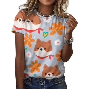 Flowery Shiba Love All Over Print Women's Cotton T-Shirt - 4 Colors-Apparel-Apparel, Shiba Inu, Shirt, T Shirt-19