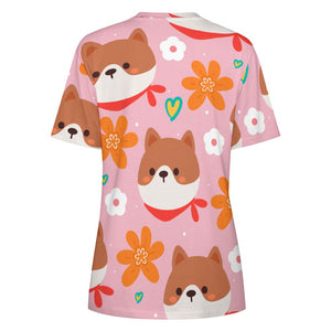 Flowery Shiba Love All Over Print Women's Cotton T-Shirt - 4 Colors-Apparel-Apparel, Shiba Inu, Shirt, T Shirt-4