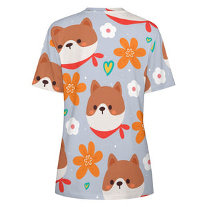 Flowery Shiba Love All Over Print Women's Cotton T-Shirt - 4 Colors-Apparel-Apparel, Shiba Inu, Shirt, T Shirt-5