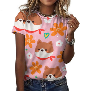 Flowery Shiba Love All Over Print Women's Cotton T-Shirt - 4 Colors-Apparel-Apparel, Shiba Inu, Shirt, T Shirt-6