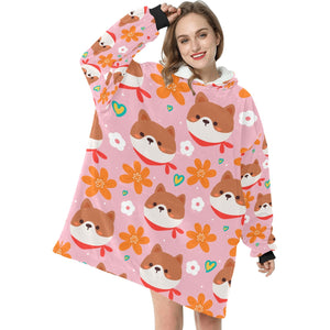 Flowery Shiba Love Blanket Hoodie for Women-Apparel-Apparel, Blankets-7