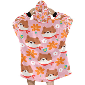 Flowery Shiba Love Blanket Hoodie for Women-Apparel-Apparel, Blankets-8