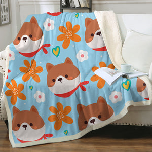 Flowery Shiba Love Soft Warm Fleece Blanket - 4 Colors-Blanket-Blankets, Home Decor, Shiba Inu-Sky Blue-Small-2