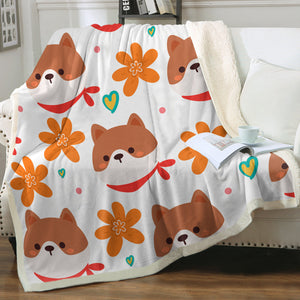 Flowery Shiba Love Soft Warm Fleece Blanket - 4 Colors-Blanket-Blankets, Home Decor, Shiba Inu-Ivory-Small-5