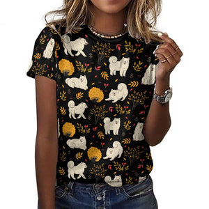 Fluffy Samoyeds in Autumn Bliss Women's Cotton T-Shirt-Apparel-Midnight Black-2XS-42