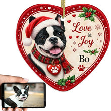 Load image into Gallery viewer, French Bulldog Christmas Ornament - Love &amp; Joy Heart Shaped Portrait - Personalized with Name-Christmas Ornament-Christmas,French Bulldog,Personalize Artwork-1