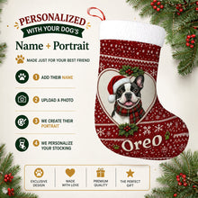 Load image into Gallery viewer, French Bulldog Christmas Stocking – Heart Knit Portrait – Personalize with Photo and Name-Christmas Ornament-Christmas,Christmas Stocking,French Bulldog,Personalize Artwork-2