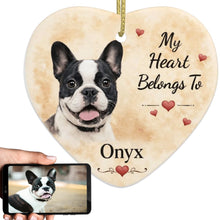 Load image into Gallery viewer, French Bulldog Dog Ornament - My Heart Belongs To Design - Personalized with Name-Christmas Ornament-Christmas,French Bulldog,Personalize Artwork-1