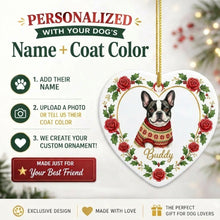 Load image into Gallery viewer, French Bulldog Ornament - Personalized Heart Shaped Christmas Rose Border - with Name-Christmas Ornament-Christmas,French Bulldog,Personalize Artwork-2