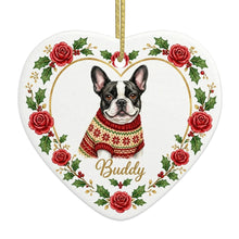 Load image into Gallery viewer, French Bulldog Ornament - Personalized Heart Shaped Christmas Rose Border - with Name-Christmas Ornament-Christmas,French Bulldog,Personalize Artwork-4