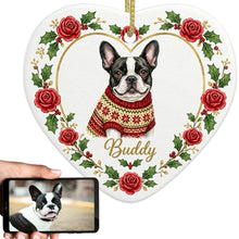 Load image into Gallery viewer, French Bulldog Ornament - Personalized Heart Shaped Christmas Rose Border - with Name-Christmas Ornament-Christmas,French Bulldog,Personalize Artwork-1