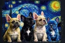 Load image into Gallery viewer, artwork showing four French bulldog puppies in different coat colors standing in front of a starry night painting inspired artwork.