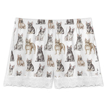 Load image into Gallery viewer, French Bulldog Shorts for Women - Lace Trim Design - Watercolor Celebration French Bulldogs-Pajamas-Apparel,Dog Mom Gifts,French Bulldog,Pajamas-11