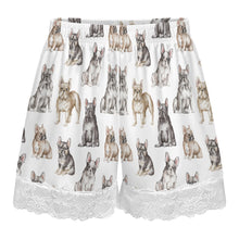 Load image into Gallery viewer, French Bulldog Shorts for Women - Lace Trim Design - Watercolor Celebration French Bulldogs-Pajamas-Apparel,Dog Mom Gifts,French Bulldog,Pajamas-12