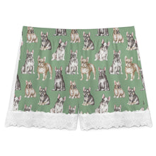 Load image into Gallery viewer, French Bulldog Shorts for Women - Lace Trim Design - Watercolor Celebration French Bulldogs-Pajamas-Apparel,Dog Mom Gifts,French Bulldog,Pajamas-16
