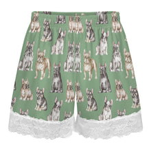 Load image into Gallery viewer, French Bulldog Shorts for Women - Lace Trim Design - Watercolor Celebration French Bulldogs-Pajamas-Apparel,Dog Mom Gifts,French Bulldog,Pajamas-17