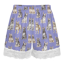 Load image into Gallery viewer, French Bulldog Shorts for Women - Lace Trim Design - Watercolor Celebration French Bulldogs-Pajamas-Apparel,Dog Mom Gifts,French Bulldog,Pajamas-5