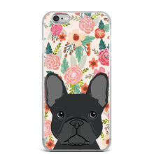 Load image into Gallery viewer, Image of a black French Bulldog iphone case in French Bulldog in bloom design