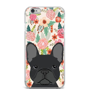 Image of a black French Bulldog iphone case in French Bulldog in bloom design
