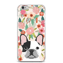 Load image into Gallery viewer, Image of a pied black and white French Bulldog iphone case in French Bulldog in bloom design