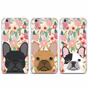 Image of three French Bulldog iPhone cases in black, faw, and pied black and white French Bulldog designs