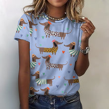 Load image into Gallery viewer, French Dachshunds in Love All Over Print Women&#39;s Cotton T-Shirt - 4 Colors-Apparel-Apparel, Dachshund, Shirt, T Shirt-2XS-LightSteelBlue-19