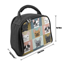 Load image into Gallery viewer, Size image of an insulated frenchie bag featuring French Bulldogs in all colors design